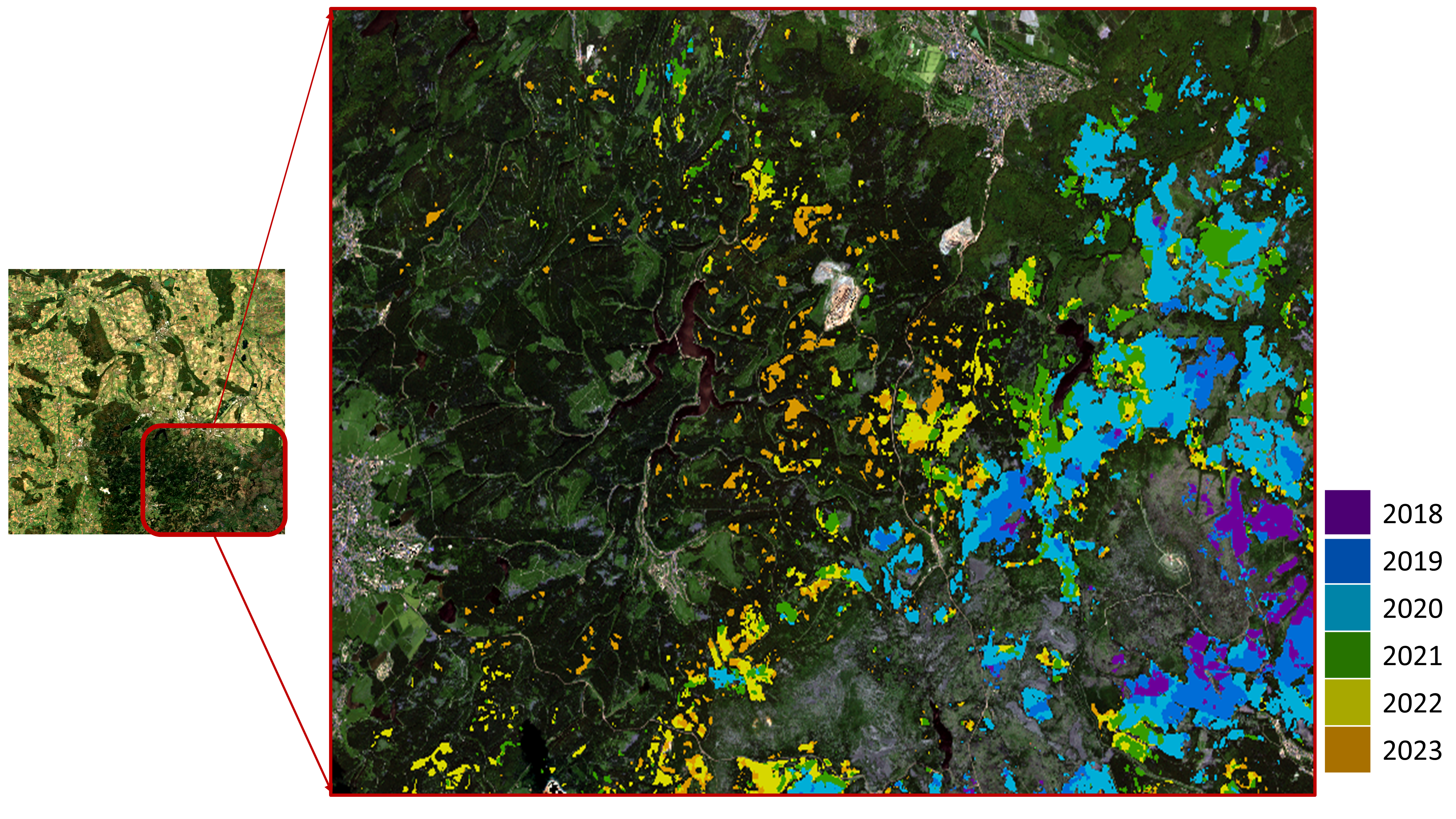 Vorkommen abgestorbener Bäume 2018-2023, überlagert mit einem Sentinel-2-Bild