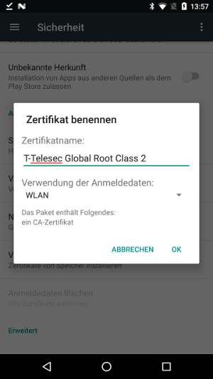 Android Zertifikat hinzufügen